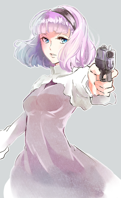 1girl, aldnoah.zero, bangs, blue_eyes, blunt_bangs, bob_cut, dress, gun