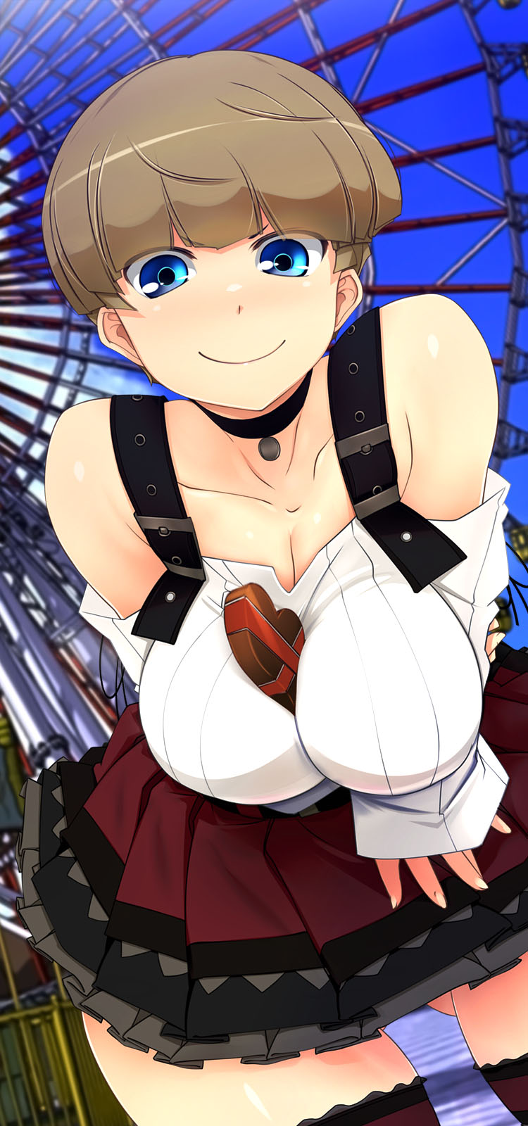 1girl, amagasahigasa, bare_shoulders, between_breasts, blue_eyes, breasts, brown_hair, chocolate