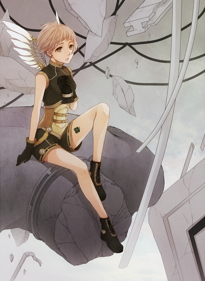 1girl, ankle_boots, bare_legs, black_boots, black_gloves, bob_cut, boots, broken