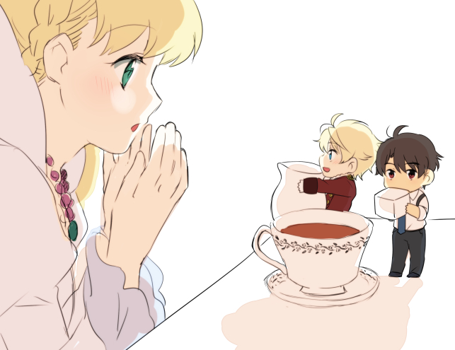 1girl, 2boys, aldnoah.zero, asseylum_vers_allusia, blonde_hair, blush, brown_eyes, brown_hair