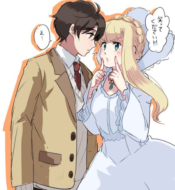 1boy, 1girl, aldnoah.zero, asseylum_vers_allusia, blonde_hair, blush, brown_eyes, brown_hair