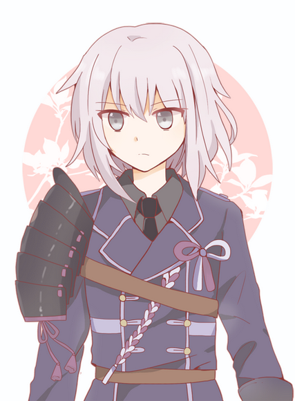 1boy, androgynous, grey_eyes, honebami_toushirou, long_sleeves, military, military_uniform, necktie