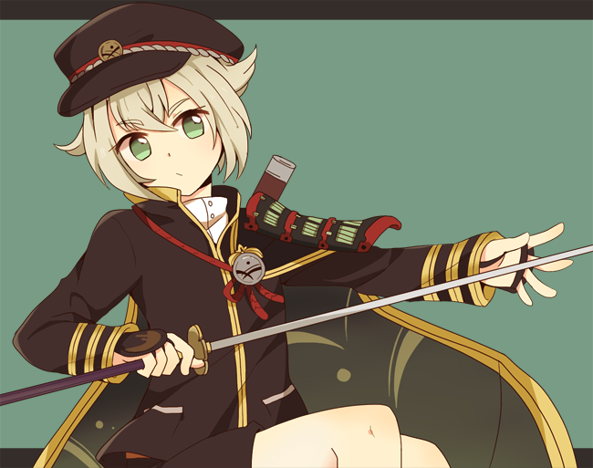 1boy, cape, green_eyes, hair_flaps, hat, holding, hotarumaru, long_sleeves