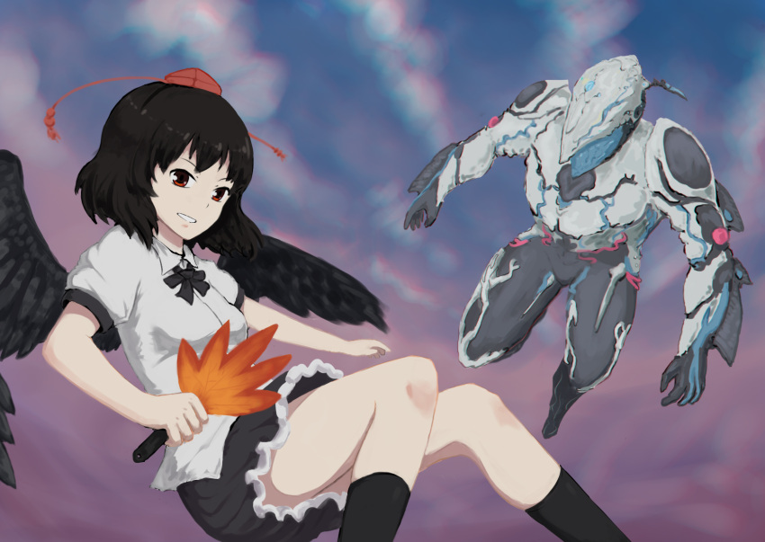 2girls, bird_wings, black_hair, black_skirt, black_wings, clouds, fan, flying