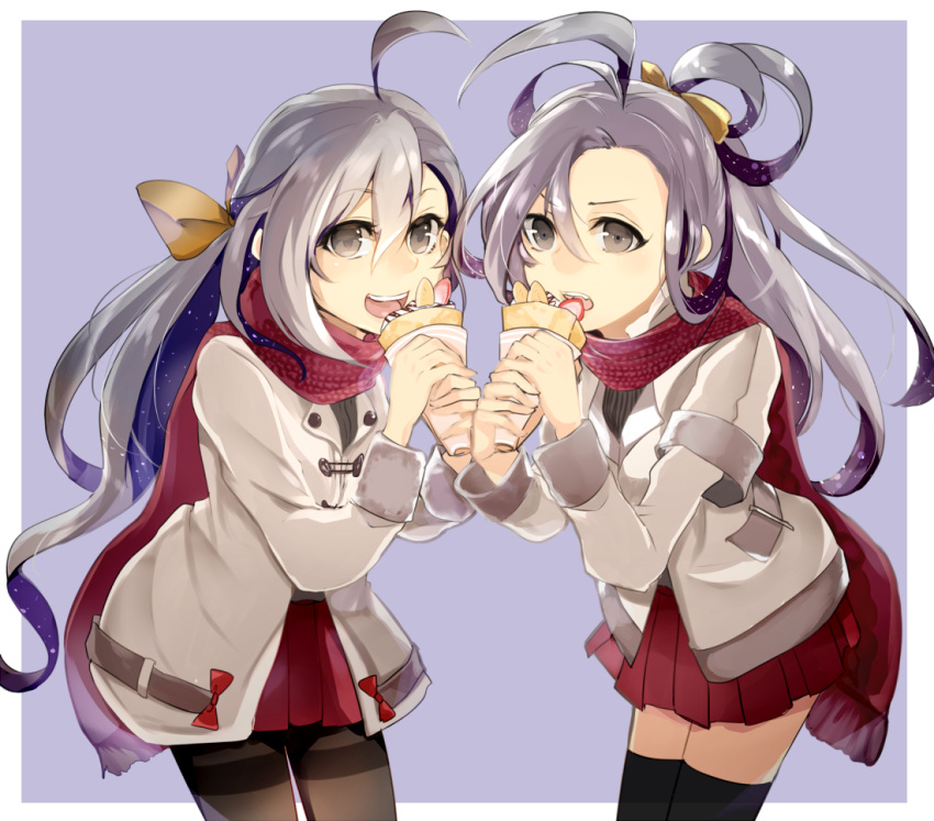 2girls, ahoge, amua, asashimo_(kantai_collection), bangs, black_legwear, brown_eyes, cowboy_shot