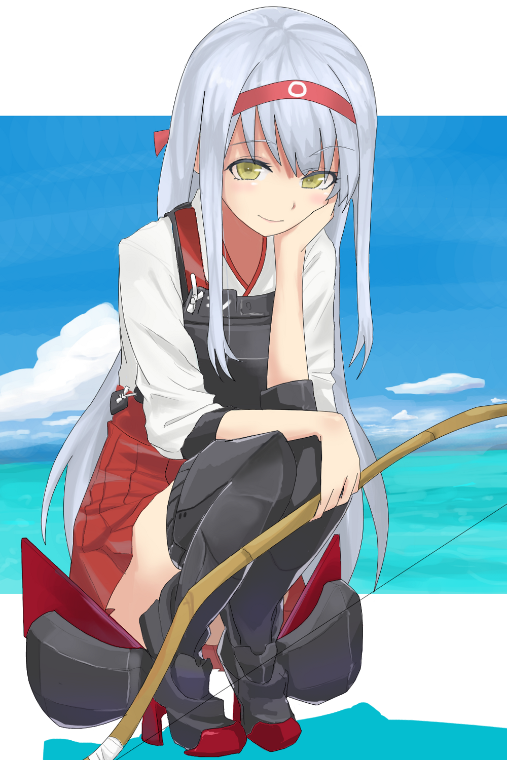 1girl, blue_sky, blush, boots, bow_(weapon), brown_eyes, hakama_skirt, head_rest