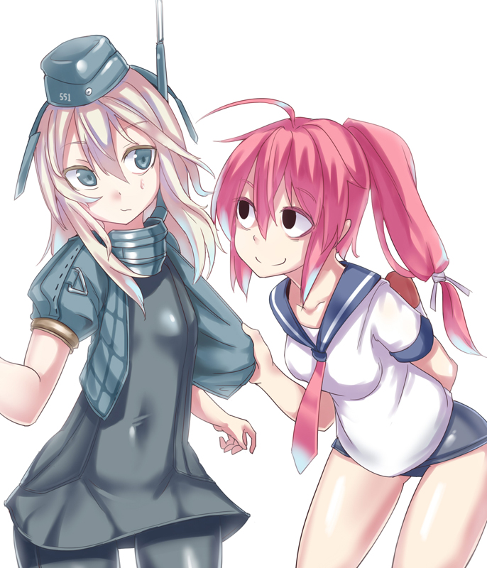 2girls, ahoge, arm_behind_back, black_dress, black_eyes, black_legwear, blonde_hair, blue_eyes