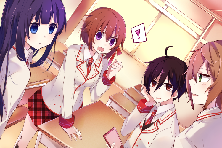 blue_eyes, character_request, green_eyes, long_hair, multiple_girls, open_mouth, red_eyes, school