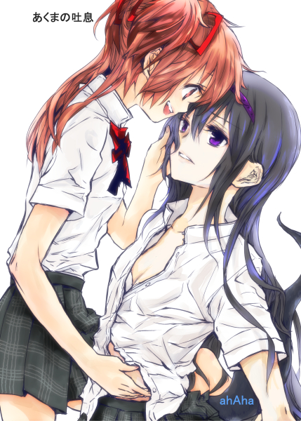 2girls, :d, akemi_homura, black_hair, ego6, eye_contact, hair_ribbon, hairband