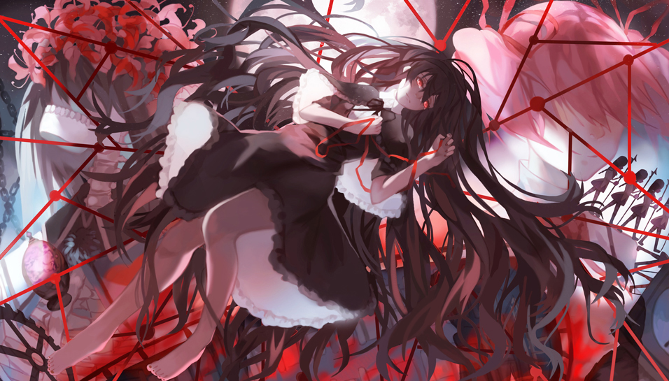 1girl, 91_(968087), akemi_homura, barefoot, black_hair, dress, flower, full_moon