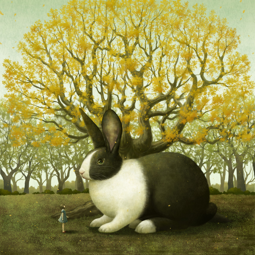 1girl, animal, kazami_(kuroro), nature, oversized_animal, rabbit, tree