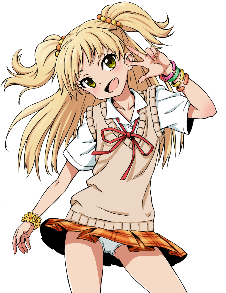 1girl, blonde_hair, blush, bracelet, eyelashes, fang, green_eyes, idolmaster
