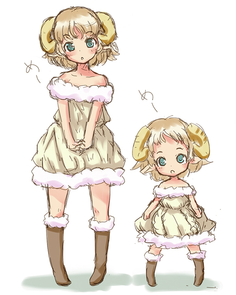 blonde_hair, blue_eyes, boots, dress, horns, kani_hira, kanihira, multiple_girls