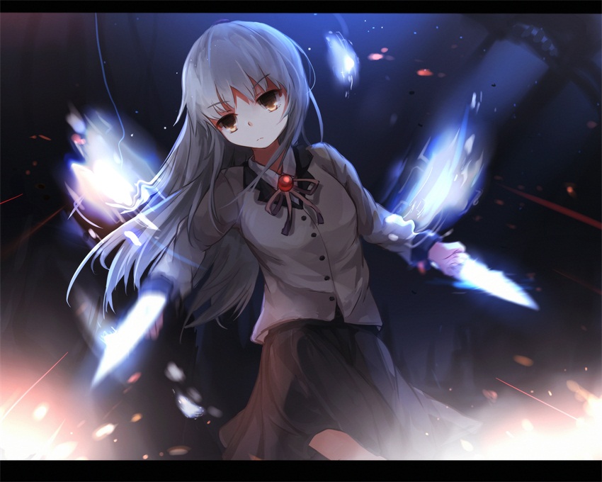 1girl, angel_beats!, hand_sonic, kotou_(ko-tou), long_hair, school_uniform, silver_hair, tachibana_kanade