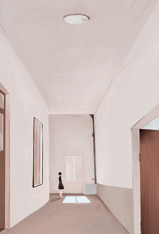 1girl, bangqiao_yan, black_dress, black_hair, dress, hallway, indoors, muted_color