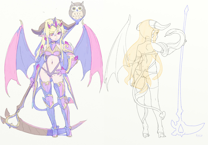 1girl, animal, bird, blonde_hair, demon_girl, demon_horns, demon_wings, earrings