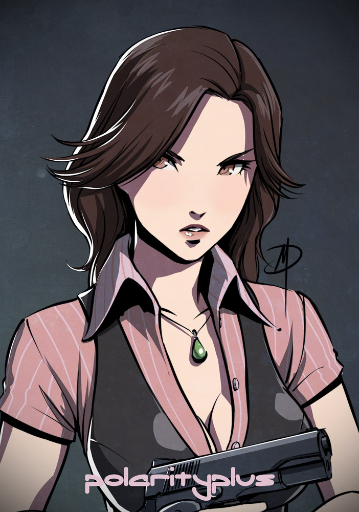 1girl, breasts, brown_eyes, brown_hair, cleavage, daniel_macgregor, gun, hair_over_one_eye, handgun, helena_harper, jewelry, long_hair, pendant, pinstripe_pattern, pistol, resident_evil, resident_evil_6, short_sleeves, solo, weapon