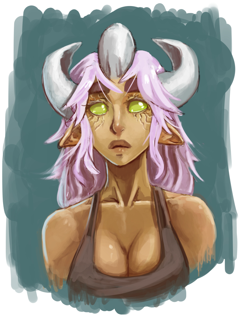 1girl, bare_shoulders, breasts, bust, cleavage, dark_skin, endless_library, green_eyes, horns, lips, lizhp, long_hair, monster_girl, no_pupils, nose, original, pink_hair, pointy_ears, solo, tank_top, whistle_frog