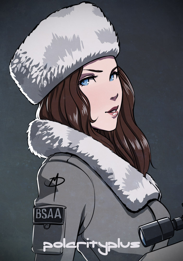 1girl, alternate_costume, blue_eyes, brown_hair, bust, daniel_macgregor, female, fur_collar