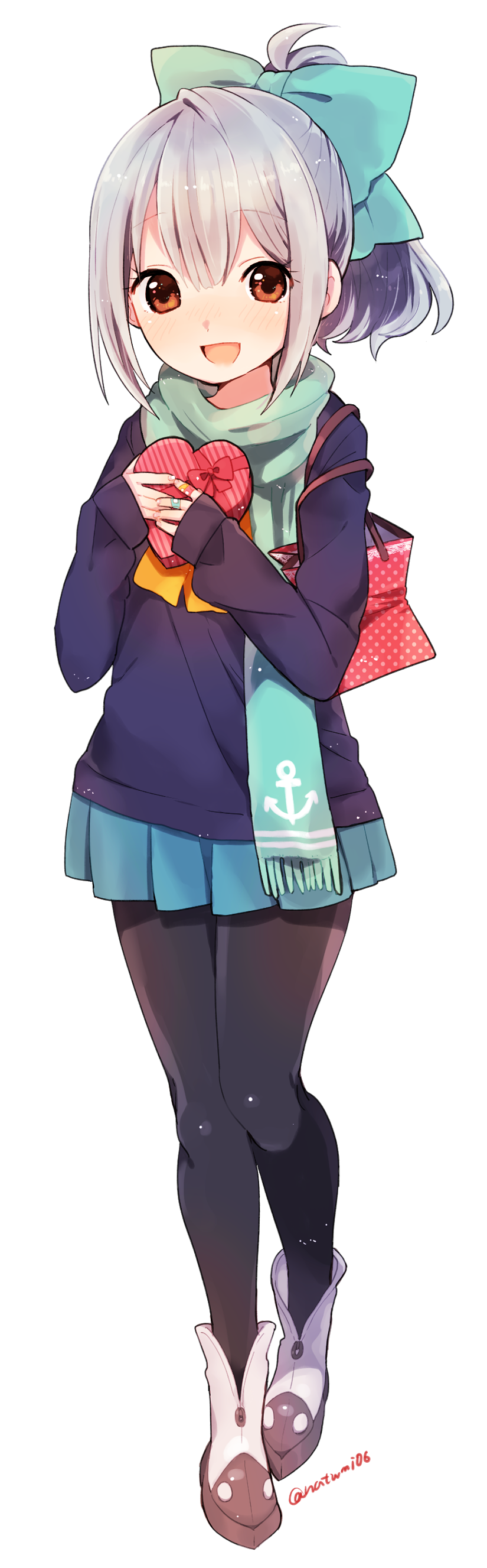 1girl, absurdres, bag, bow, brown_eyes, gift, grey_hair, hair_bow, highres, kantai_collection, natsumi_(natumi06), pantyhose, ponytail, scarf, smile, sweater, yuubari_(kantai_collection)