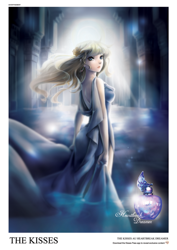 1girl, back, blonde_hair, blue_eyes, bottle, dress, earrings, engrish