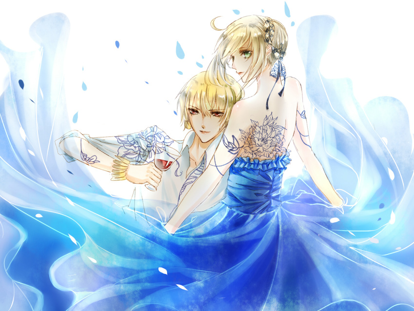 1boy, 1girl, backless_outfit, bingxiaojian, blonde_hair, blue_dress, bracelet, cup