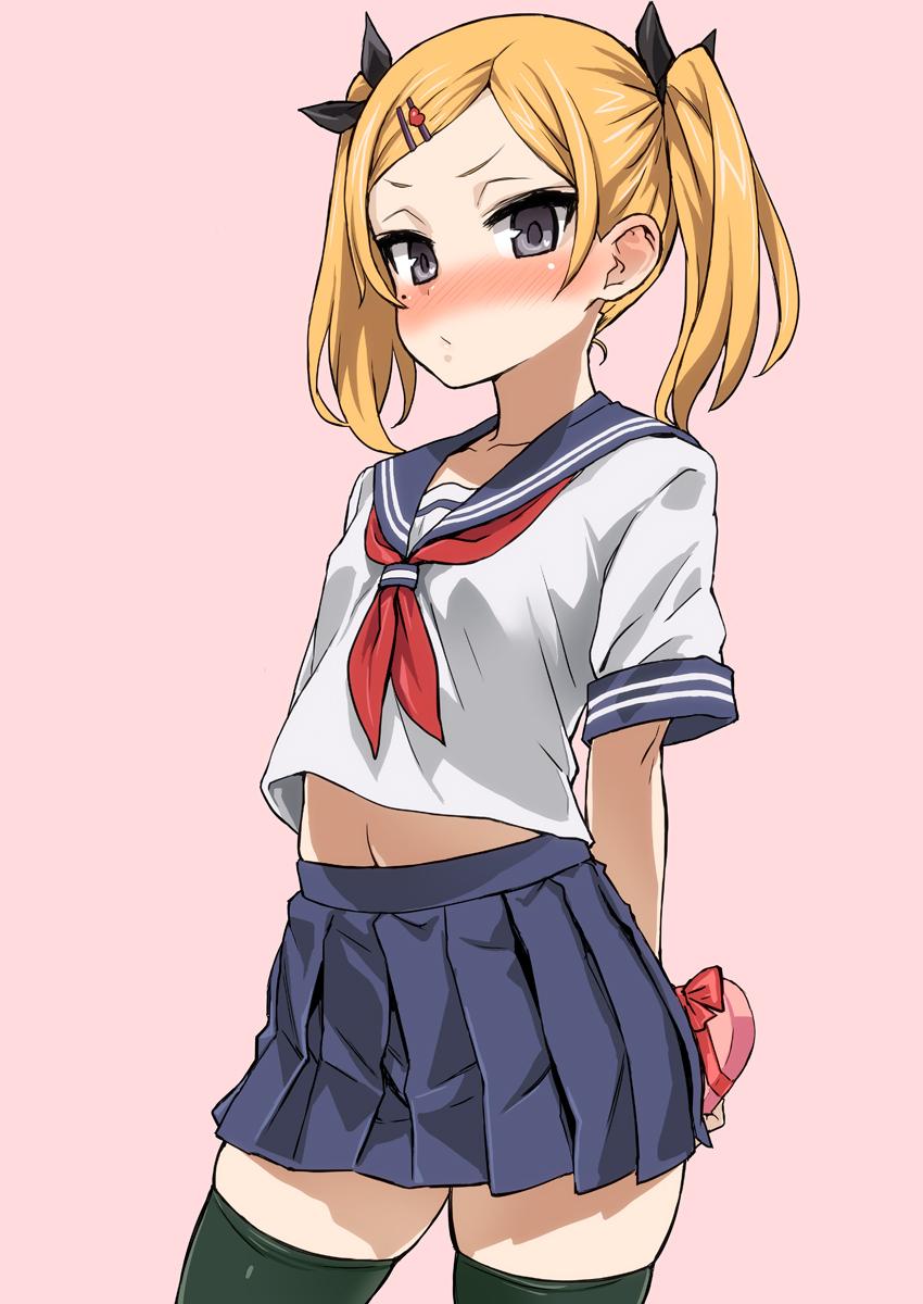 1girl, arms_behind_back, asanagi, black_legwear, blonde_hair, blush, grey_eyes, hair_ornament