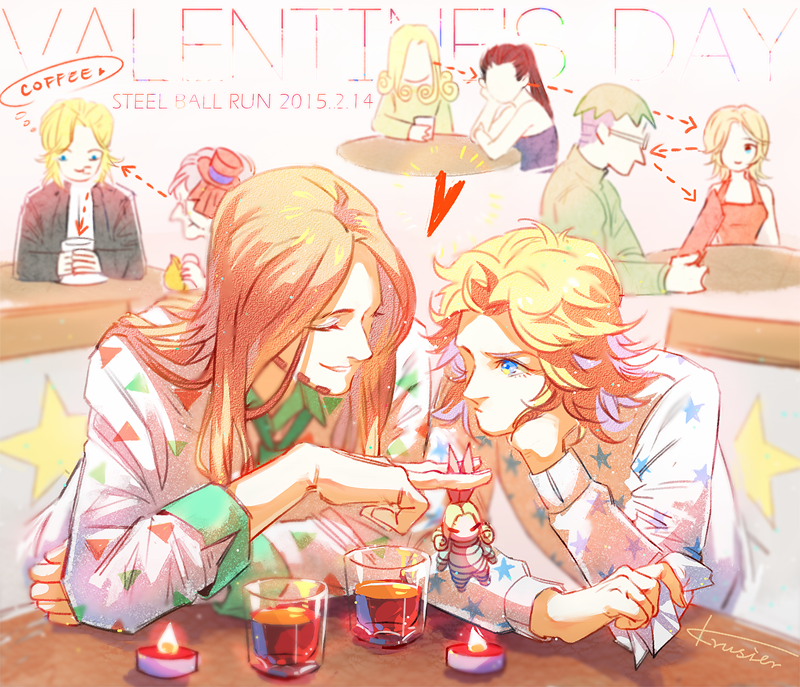 2boys, blonde_hair, brown_hair, candle, character_doll, diego_brando, drink, funny_valentine