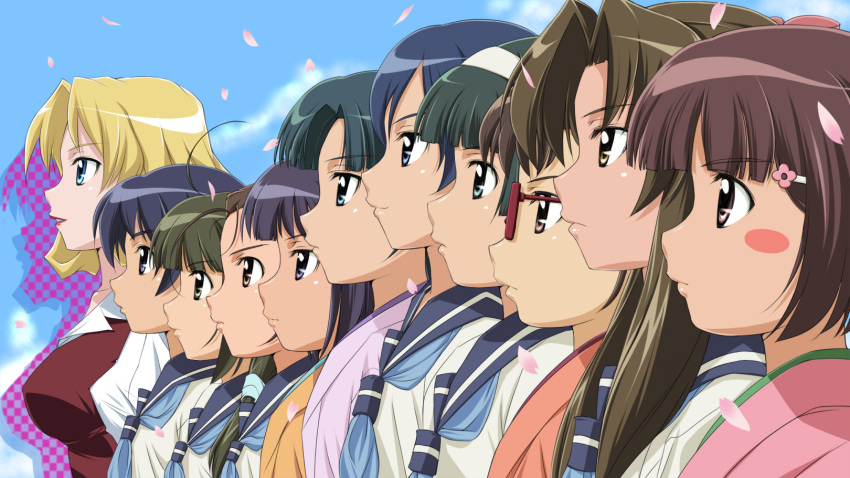 anna_curtland, bangs, blonde_hair, blue_eyes, blue_hair, blunt_bangs, brown_hair, everyone