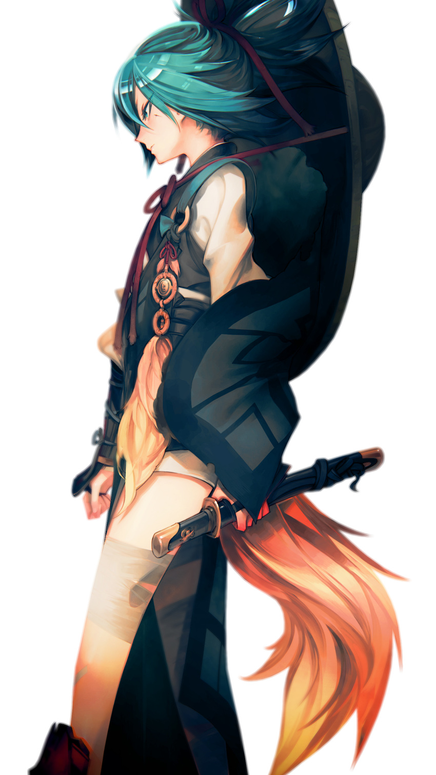 absurdres, bandages, green_hair, highres, panties, sayo_samonji, sword, touken_ranbu