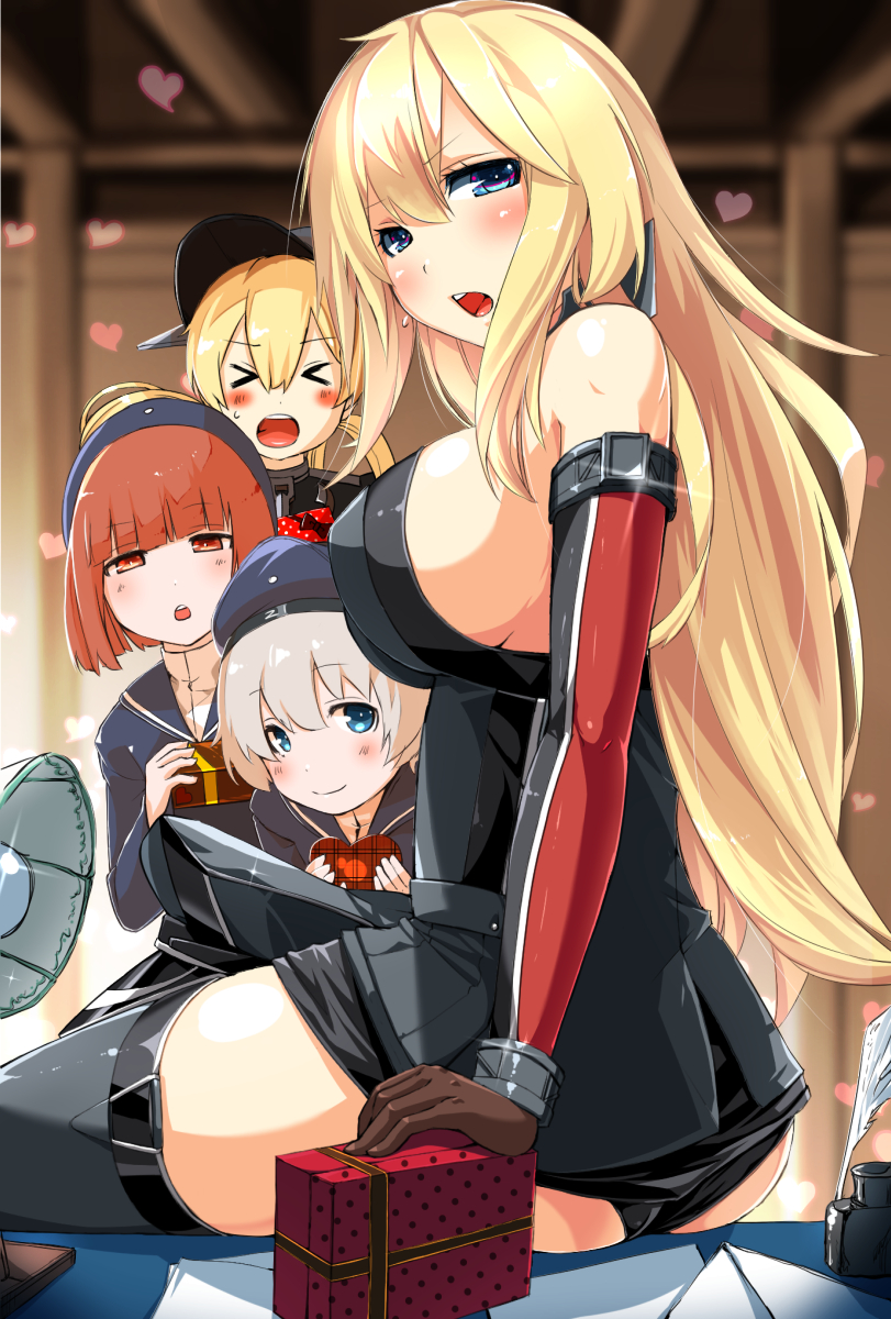 >_<, 4girls, bismarck_(kantai_collection), black_panties, blonde_hair, blue_eyes, blush, box