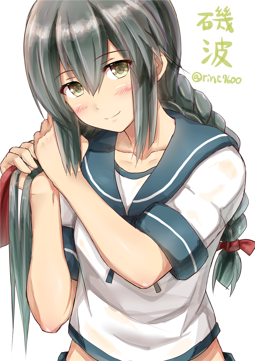 1girl, adjusting_hair, alternate_hairstyle, black_hair, blush, braid, bust, character_name