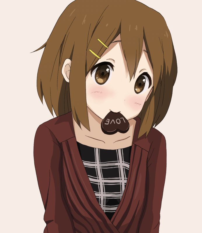1girl, blush, brown_eyes, brown_hair, chocolate, chocolate_heart, heart, hirasawa_yui