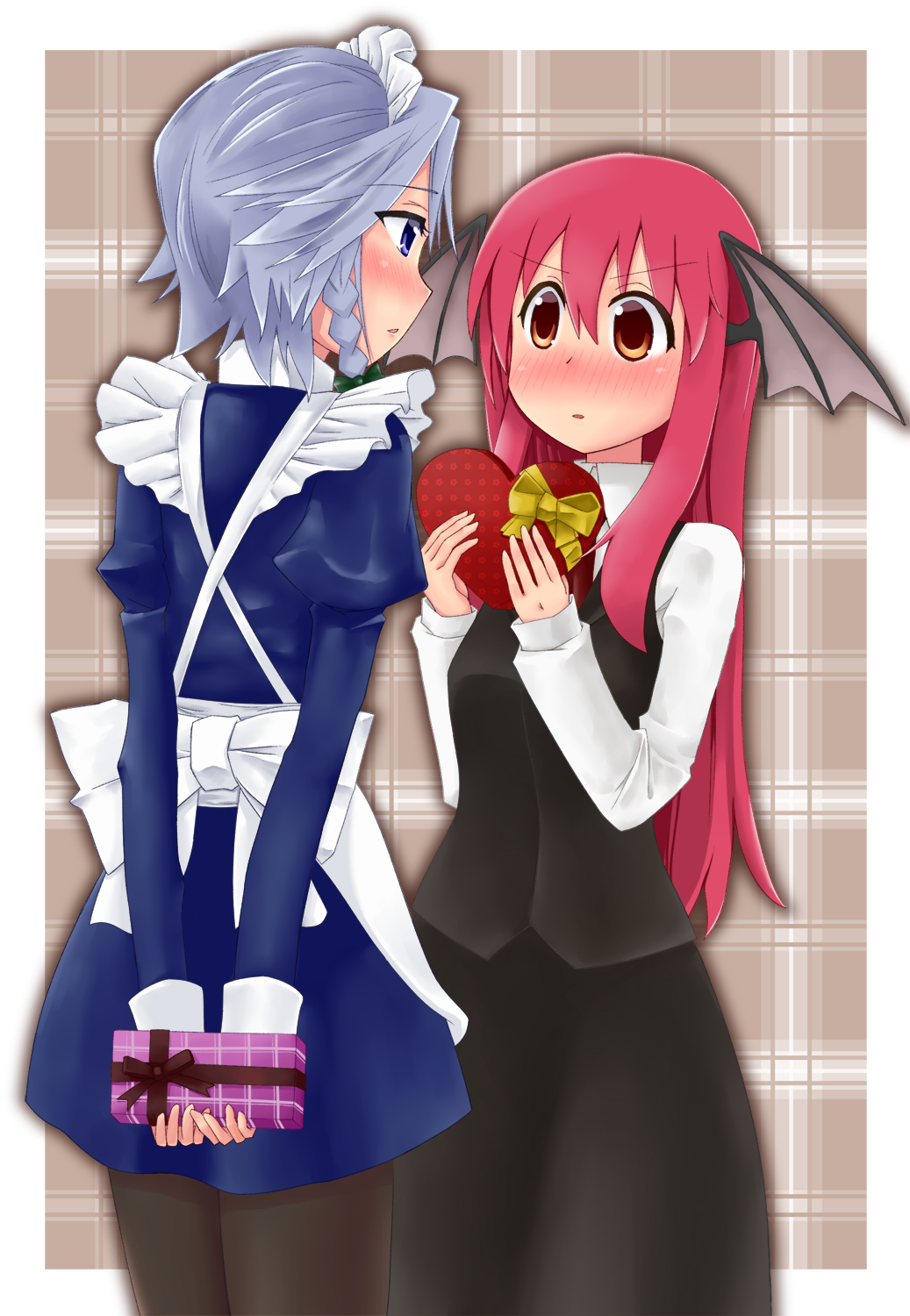 2girls, 3692materia, apron, arms_behind_back, bat_wings, black_legwear, blue_dress, blue_eyes