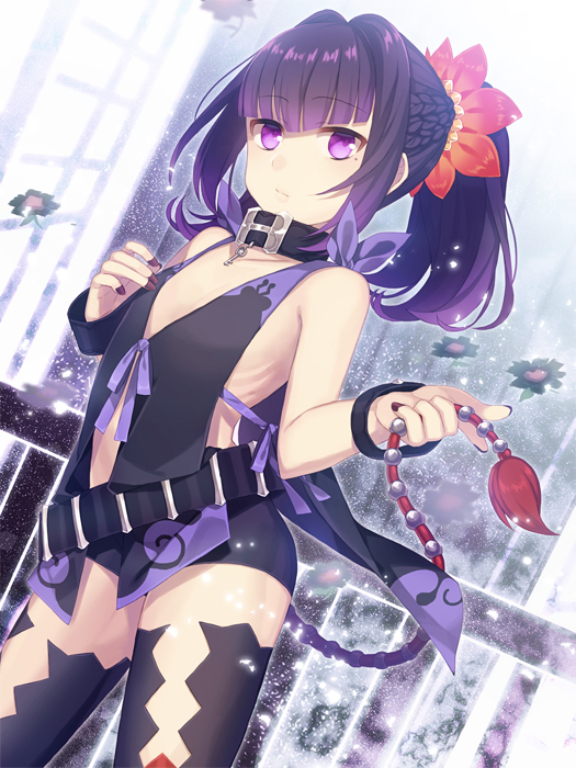 1girl, bracelet, braid, choker, expressionless, fingernails, french_braid, jewelry, mole, oxo, purple_hair, revealing_clothes, saimon_(tales), short_hair, short_shorts, shorts, solo, tales_of_(series), tales_of_zestiria, thigh-highs, twintails, violet_eyes