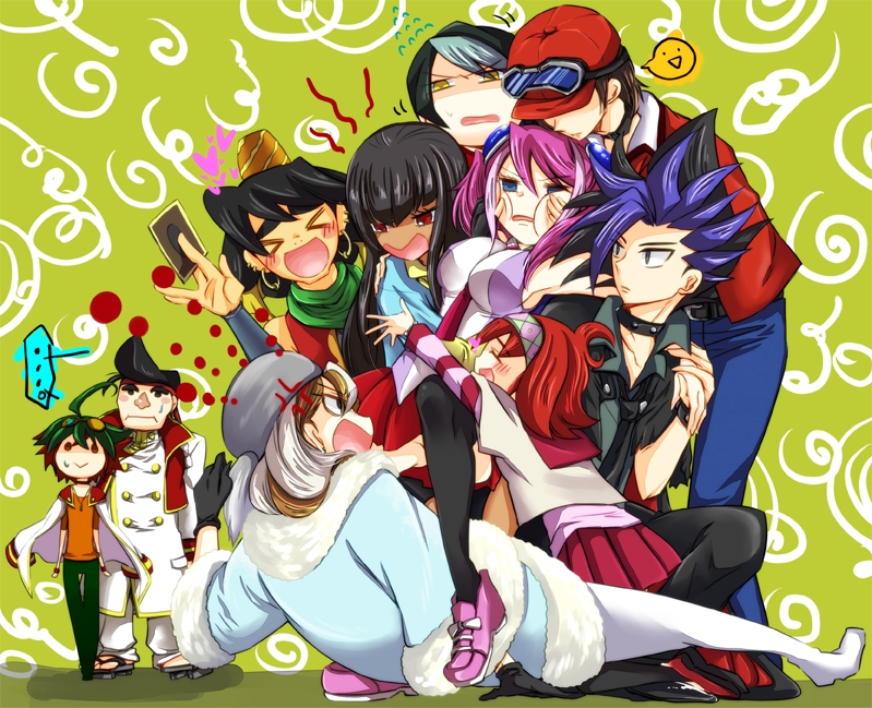 ayukawa_ayu, blue_eyes, hiiragi_yuzu, kotsu_masumi, kurosaki_shun, multicolored_hair, multiple_boys, multiple_girls