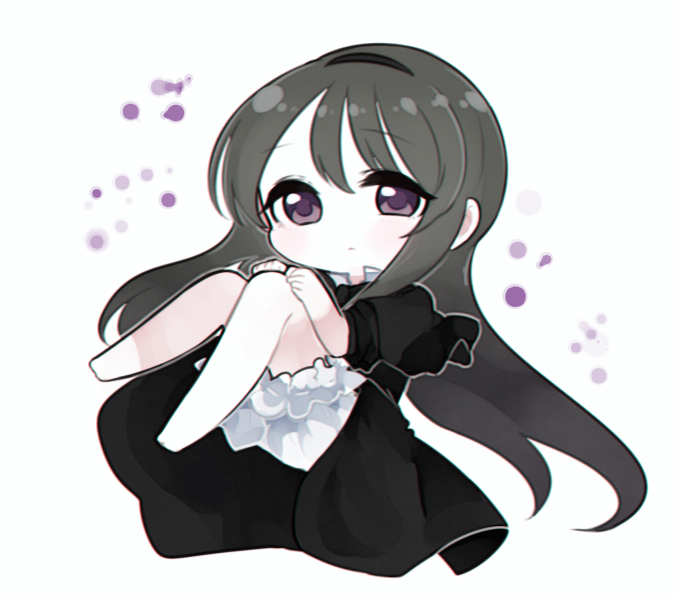 1girl, akemi_homura, barefoot, black_hair, chibi, dress, fc_(efushii), funeral_dress