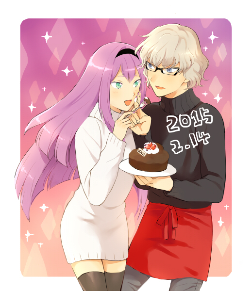 1boy, 1girl, black_legwear, blue_eyes, cake, dated, english, food