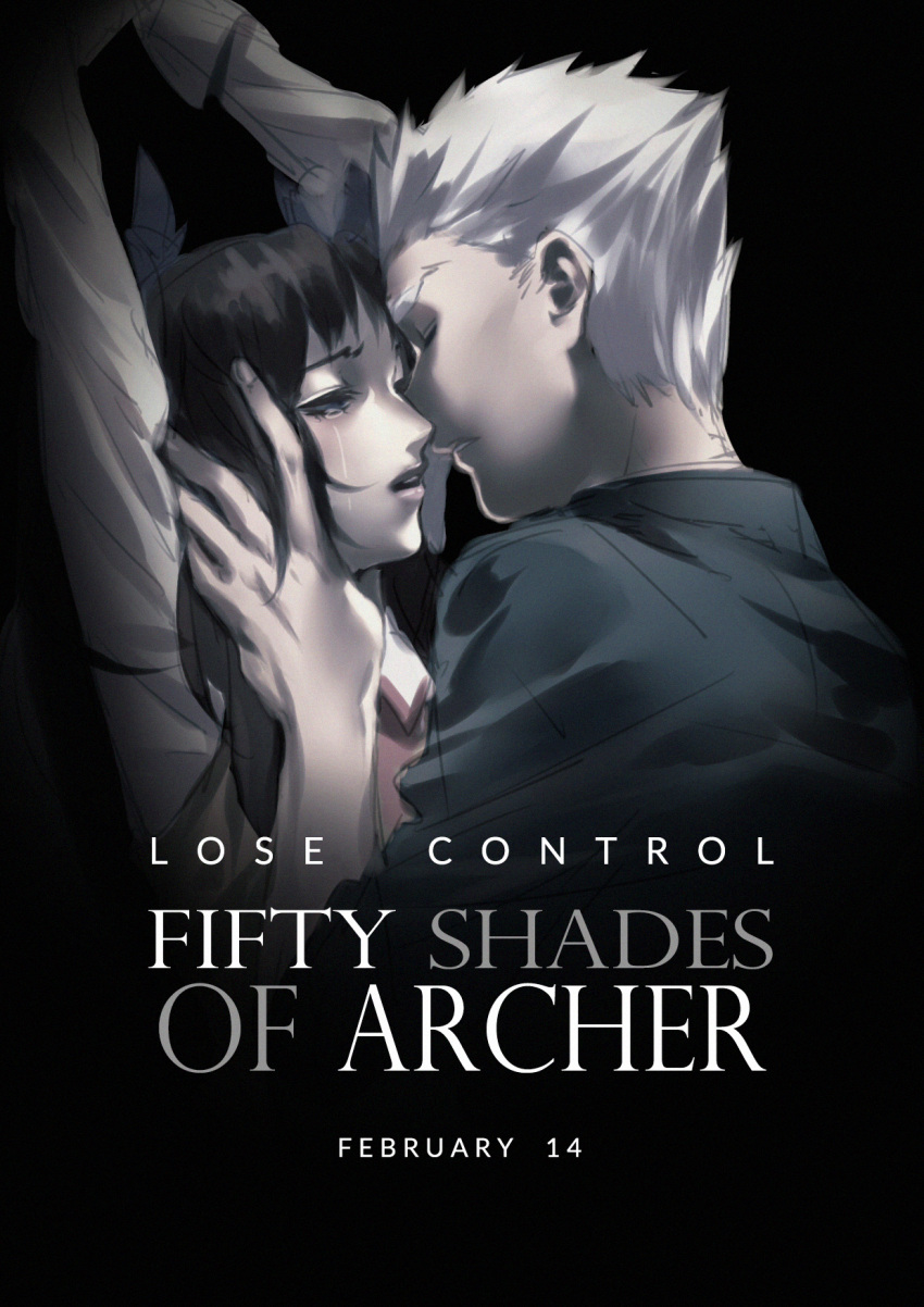 1boy, 1girl, archer, brown_hair, carrot_(supercarrot), fate/stay_night, fate_(series), fifty_shades_of_grey, highres, parody, tears, toosaka_rin, two_side_up, white_hair