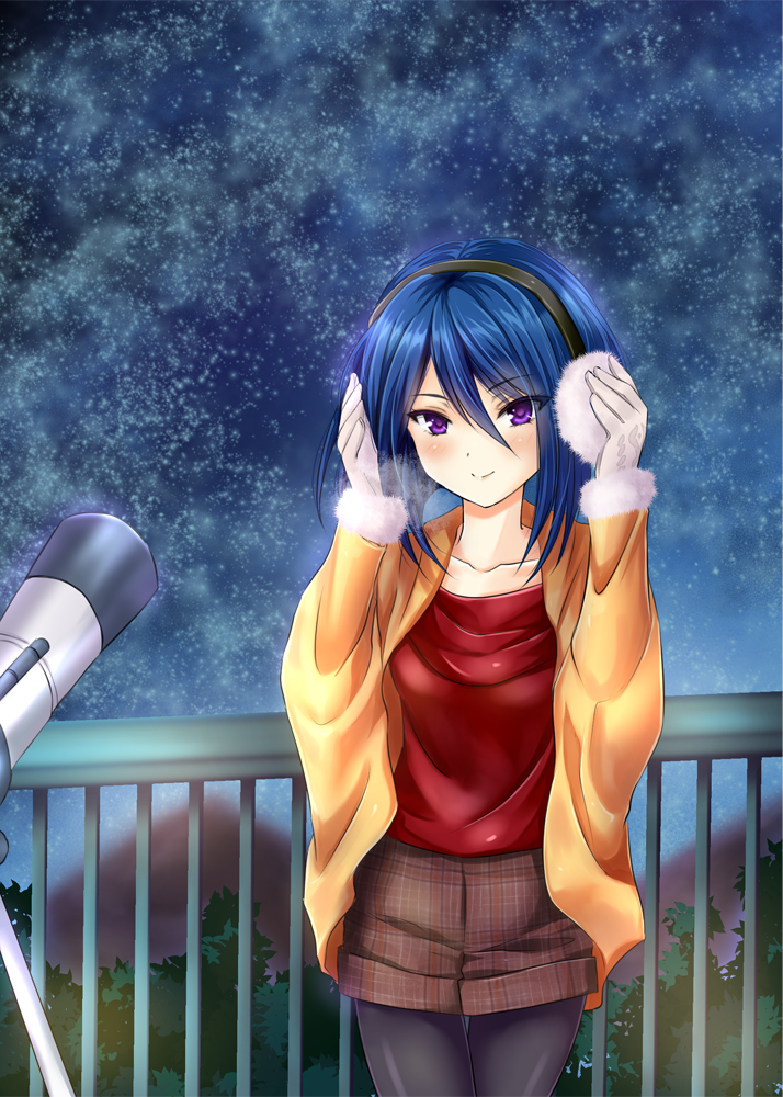 1girl, artist_request, blue_hair, casual, earmuffs, girlfriend_(kari), hands_on_earmuffs, hibara_eiko