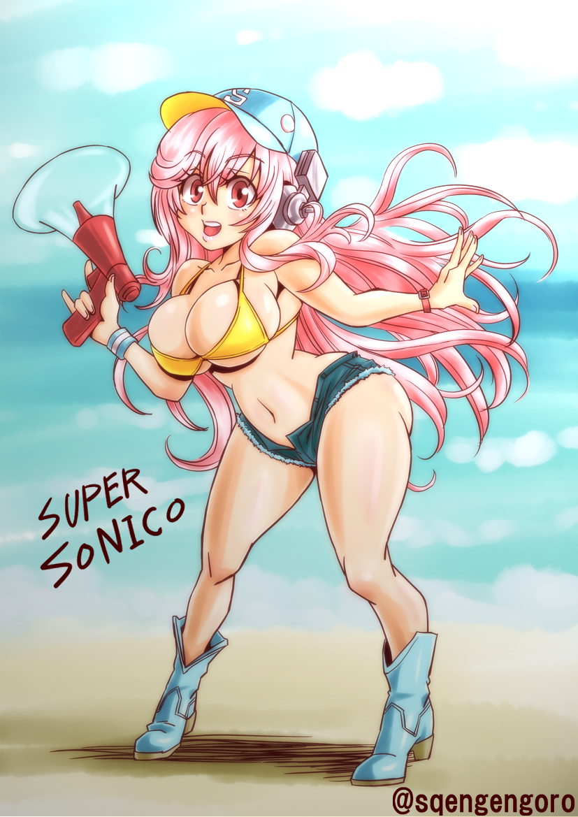 1girl, bikini, bikini_top, blush, breasts, cleavage, headphones, large_breasts