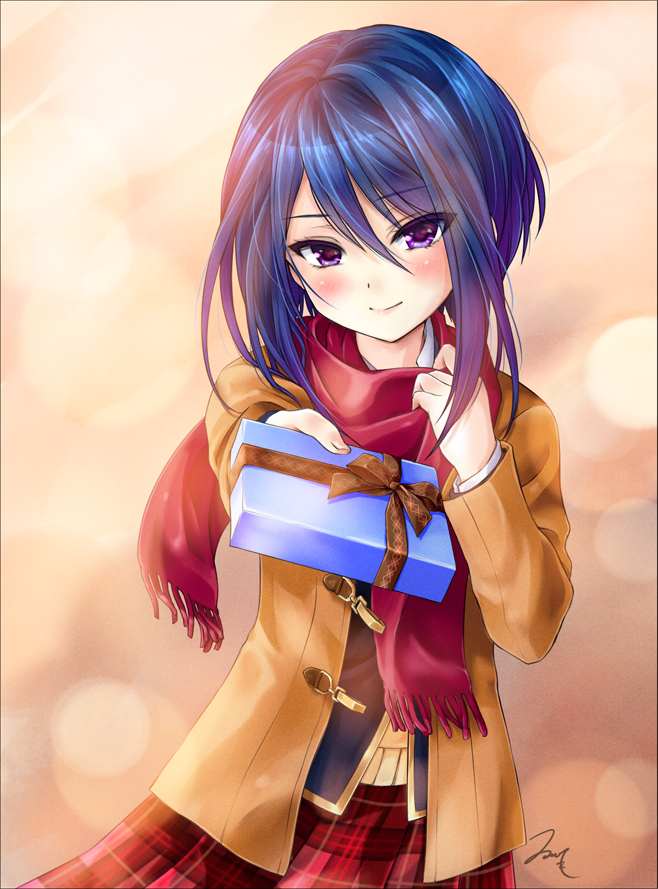 1girl, blue_hair, blush, box, coat, gift, gift_box, girlfriend_(kari)
