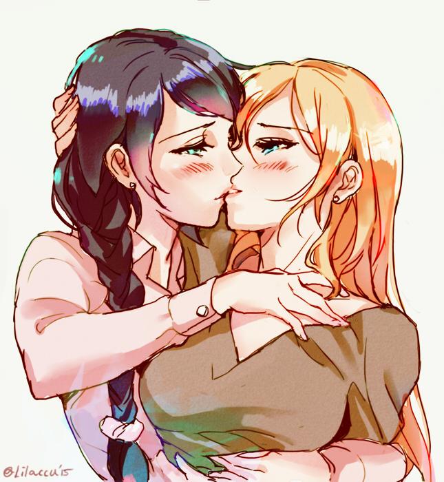 2girls, black_hair, blonde_hair, blue_eyes, blush, braid, bunny_shake, dress_shirt