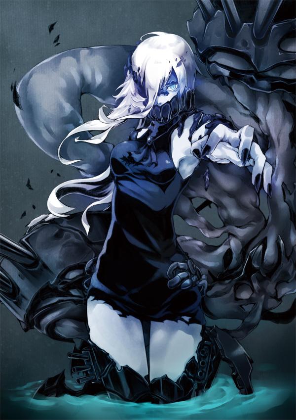 1girl, black_nails, blue_eyes, bodysuit, breasts, covered_mouth, kantai_collection, monster_girl