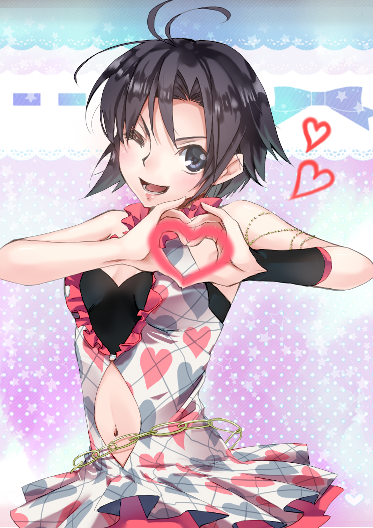 1girl, antenna_hair, black_hair, cleavage_cutout, heart, heart_hands, idolmaster, kikuchi_makoto