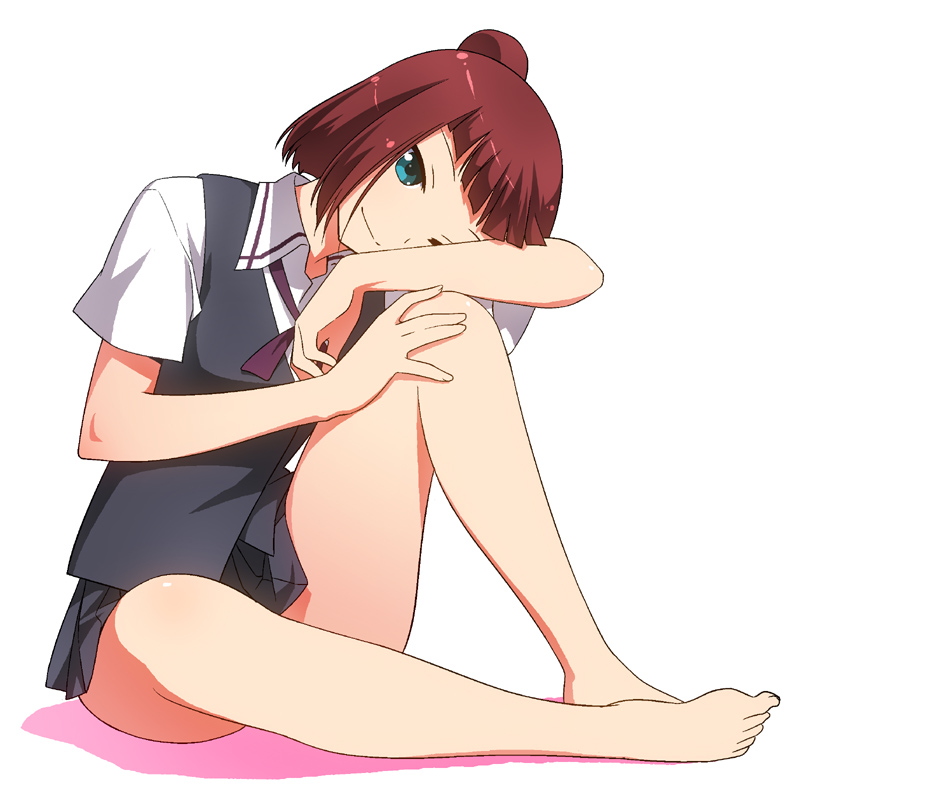 1girl, bare_legs, barefoot, brown_hair, green_eyes, hair_bun, looking_at_viewer, one_eye_covered