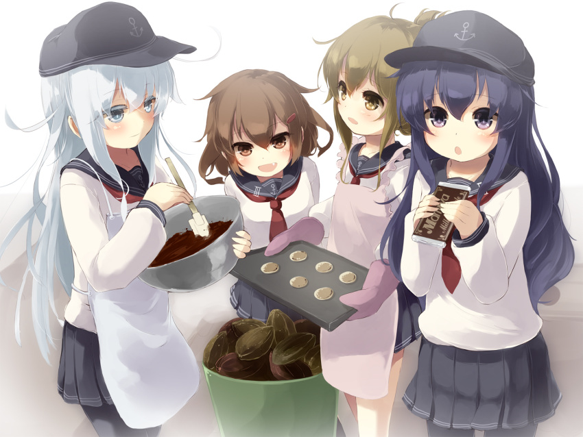 4girls, akatsuki_(kantai_collection), apron, black_hair, bowl, brand_name_imitation, brown_eyes, brown_hair, chocolate, chocolate_bar, chocolate_making, cookie, fang, food, gengetsu_chihiro, grey_eyes, hat, hibiki_(kantai_collection), highres, ikazuchi_(kantai_collection), inazuma_(kantai_collection), kantai_collection, long_hair, long_sleeves, meiji_(brand), meiji_milk_chocolate, mittens, mixing_bowl, multiple_girls, neckerchief, open_mouth, pleated_skirt, sailor_hat, school_uniform, serafuku, shirt, silver_hair, skirt, smile, spatula, valentine, very_long_hair, violet_eyes