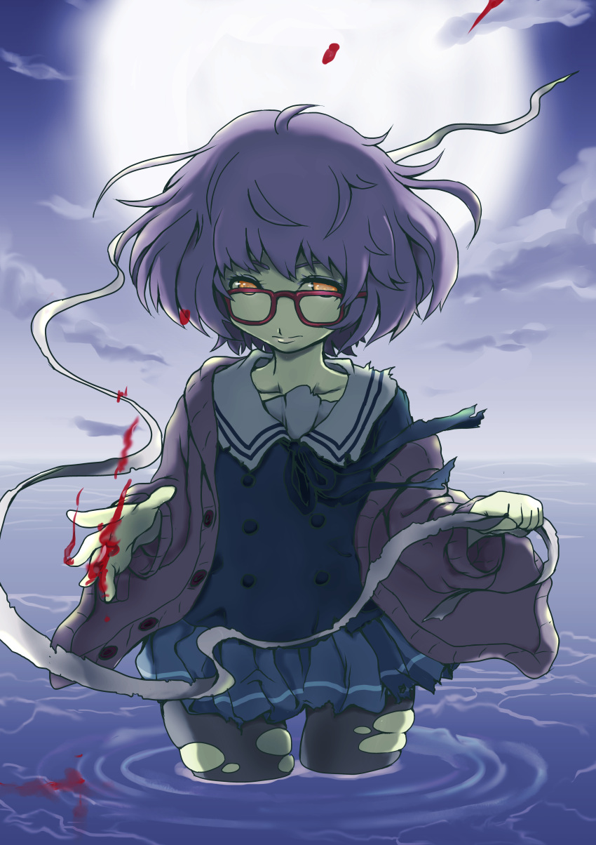 1girl, absurdres, blood, cardigan, flat_chest, full_moon, glasses, highres