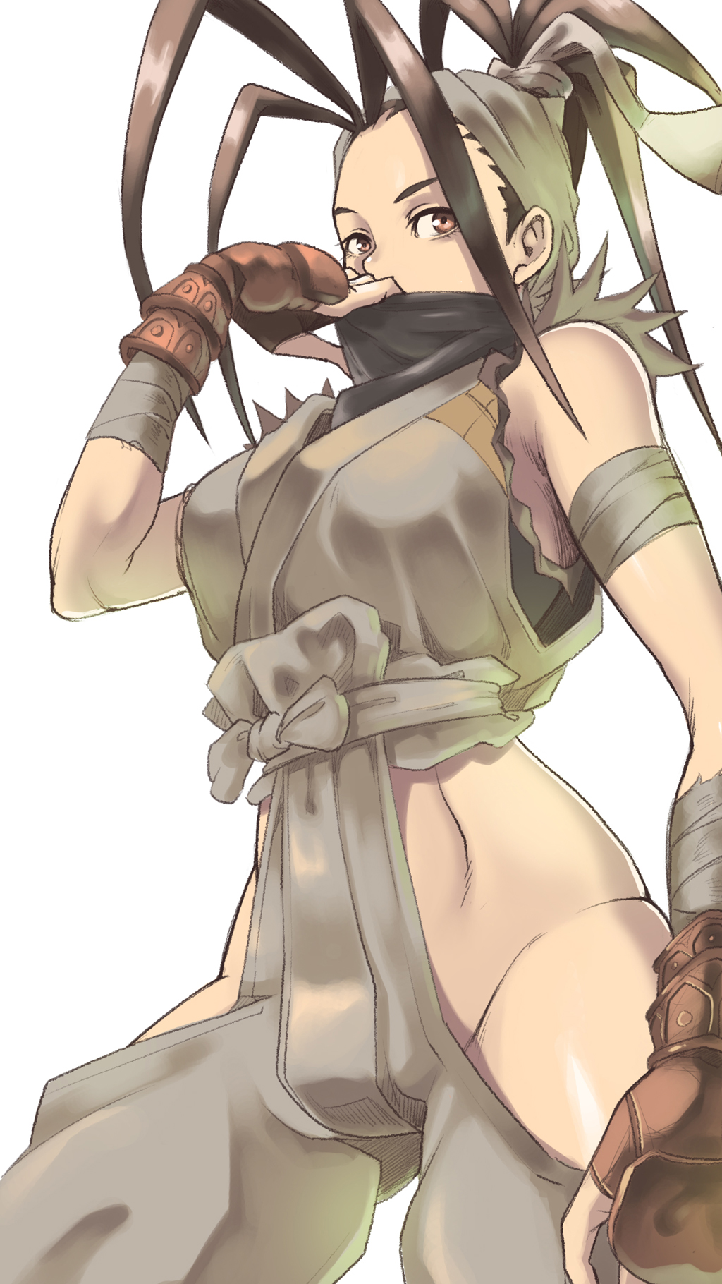 1girl, bandages, bandana, breasts, brown_eyes, brown_hair, covered_mouth, face_mask
