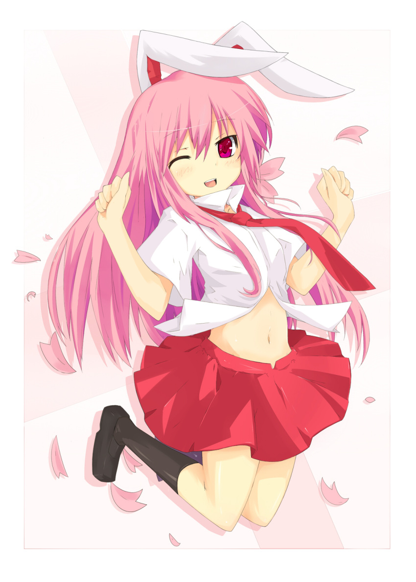 bunny_ears, highres, kitsune_(artist), kitsune_(scaz), long_hair, necktie, pink_hair, pleated_skirt, rabbit_ears, red_eyes, reisen_udongein_inaba, skirt, touhou, wink